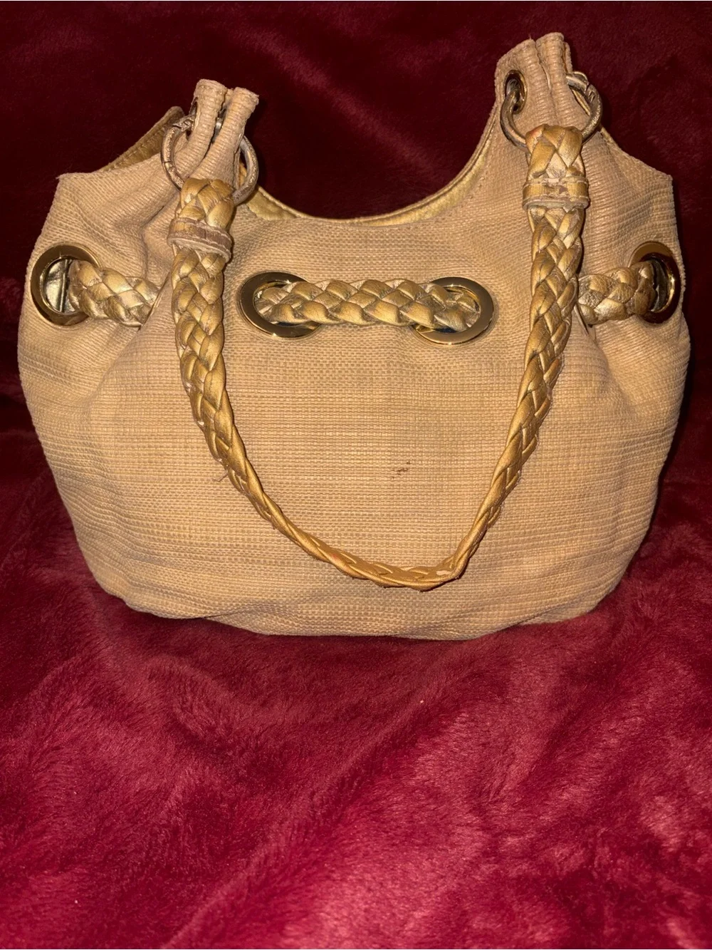 Michael Kors Tan Braided Tassel Hobo with Gold-Tone MK Charm- Vintage